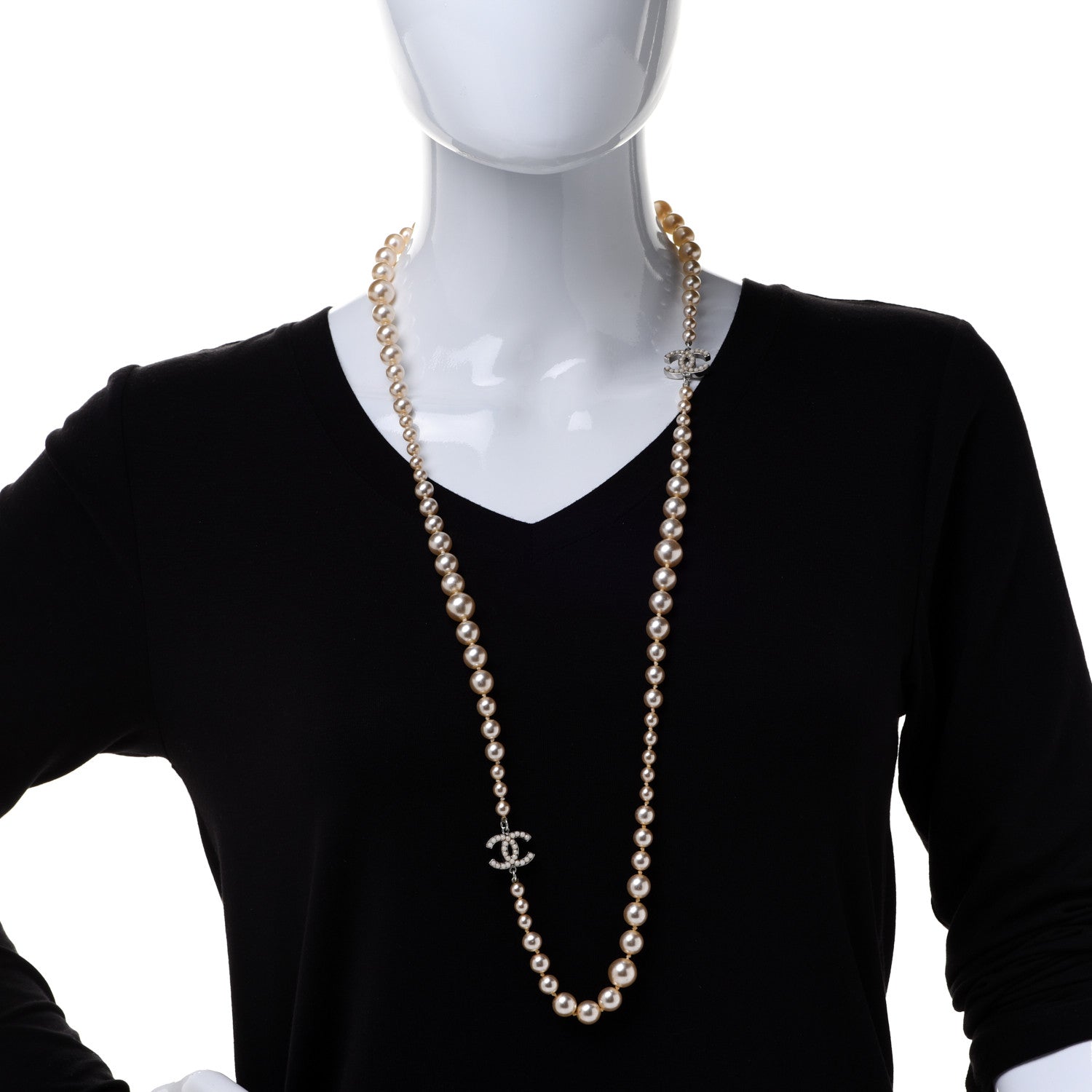 Chanel Graduated Pearl CC Long Necklace Silver 2 of 5