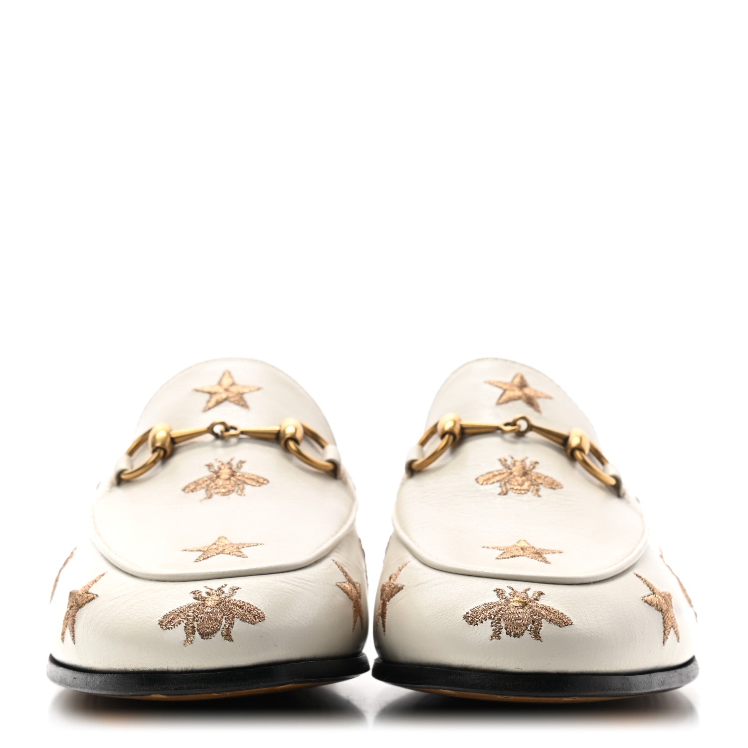 Gucci Goatskin Bee Star Embroidered Womens Jordaan Loafers 37.5 Mystic White 2 of 9