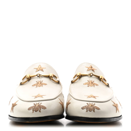 Gucci Goatskin Bee Star Embroidered Womens Jordaan Loafers 37.5 Mystic White 2 of 9