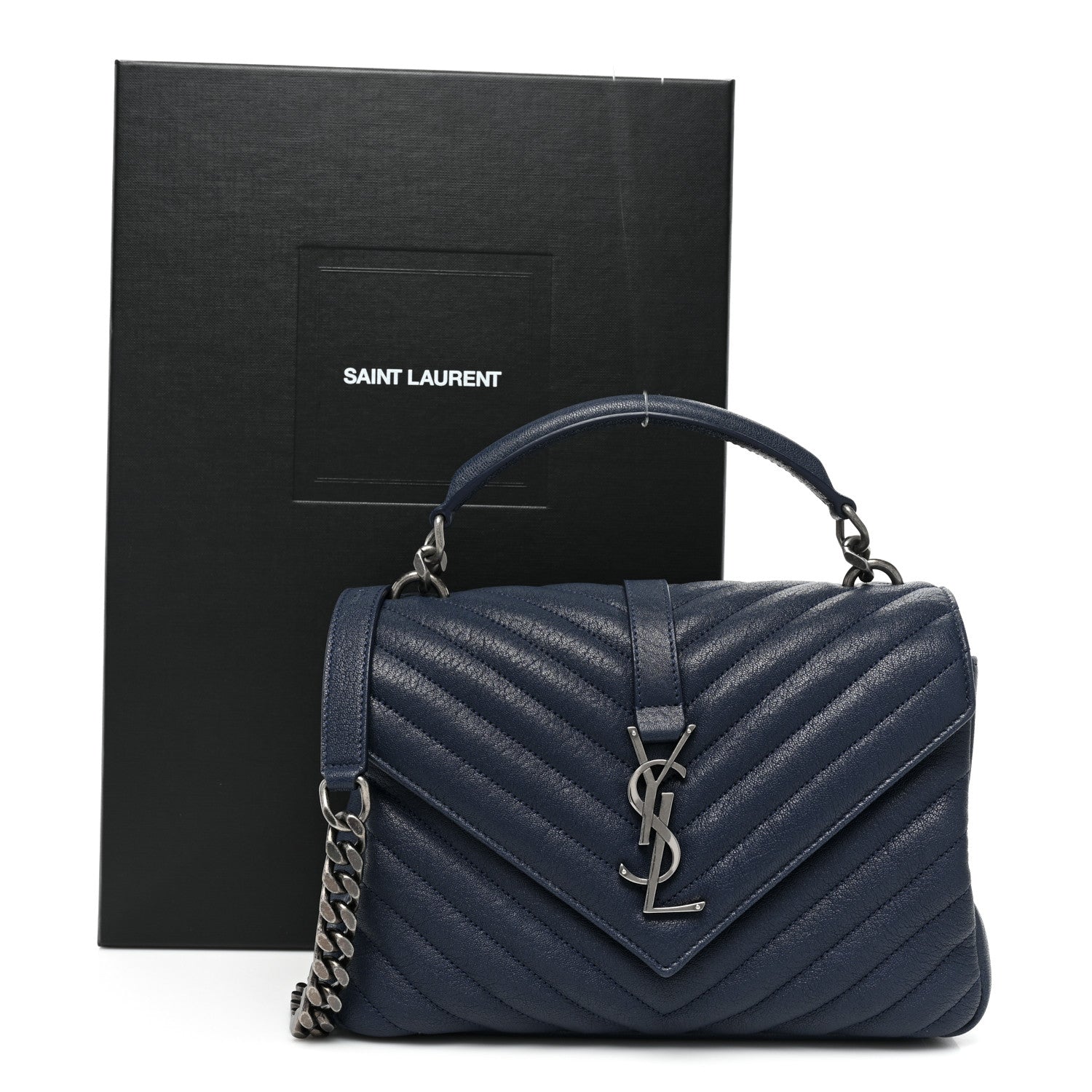 Saint Laurent Sheepskin Matelasse Chevron Monogram Medium College Bag Navy 13 of 13