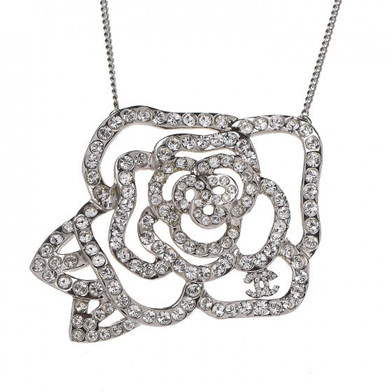 Chanel Swarovski Crystal Camellia CC Necklace Silver 3 of 3