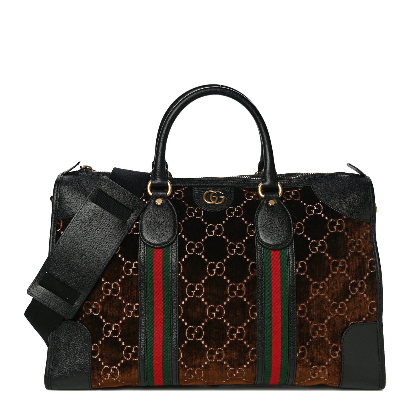 Velvet GG Monogram Textured Calfskin Web Medium Duffle Bag Brown Black