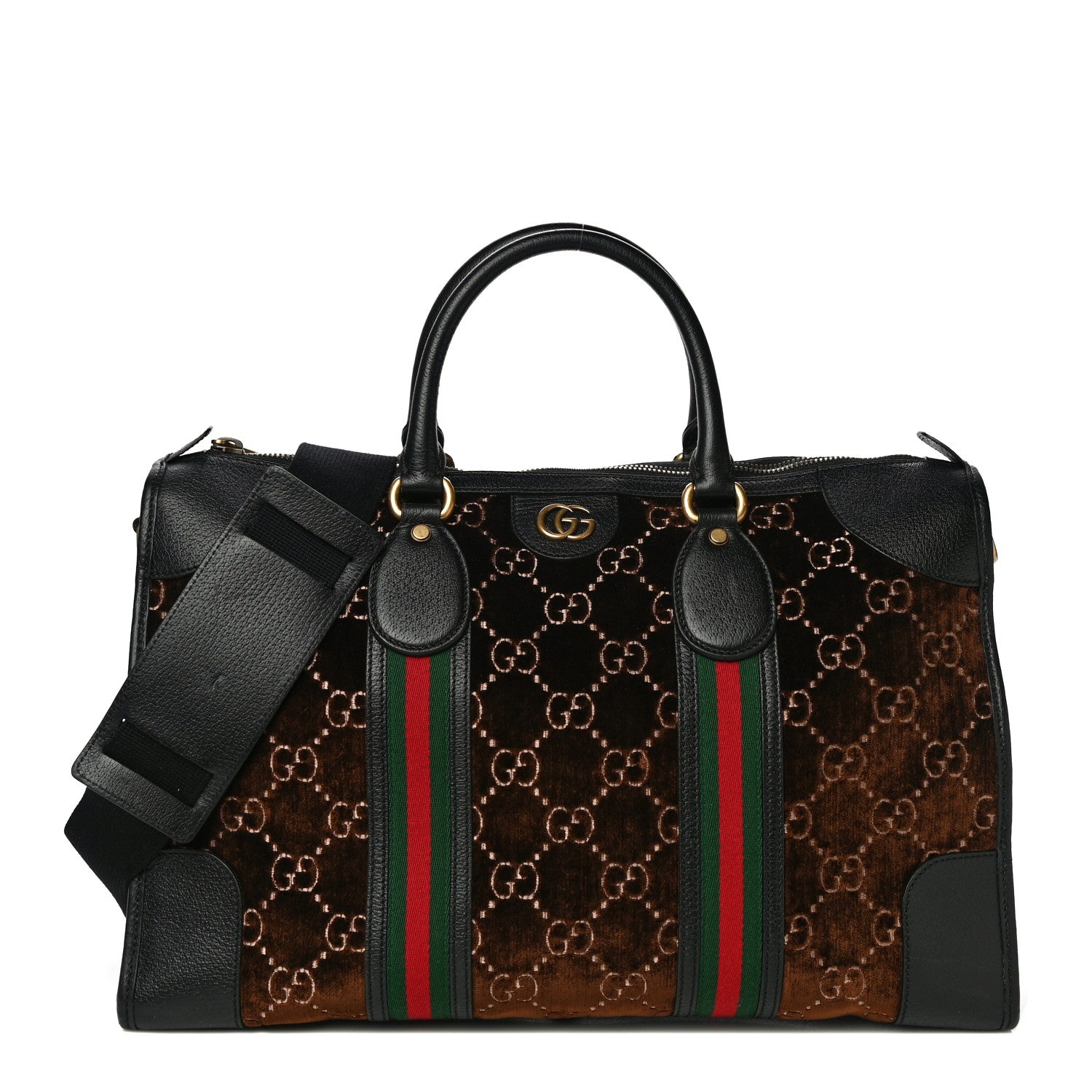 Gucci Velvet GG Monogram Textured Calfskin Web Medium Duffle Bag Brown Black 1 of 19