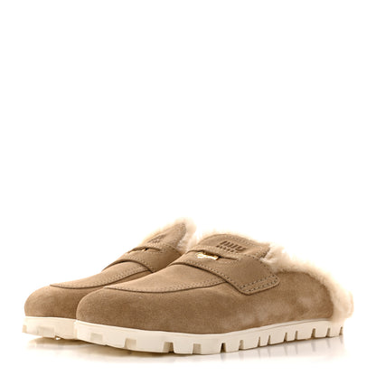 Miu Miu Suede Shearling Mules 37.5 Beige Khaki 4 of 9