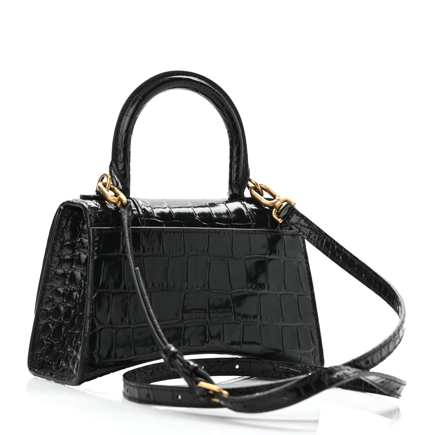Balenciaga Shiny Calfskin Crocodile Embossed Hourglass Top Handle Bag XS Black 3 of 10