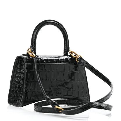 Balenciaga Shiny Calfskin Crocodile Embossed Hourglass Top Handle Bag XS Black 3 of 10
