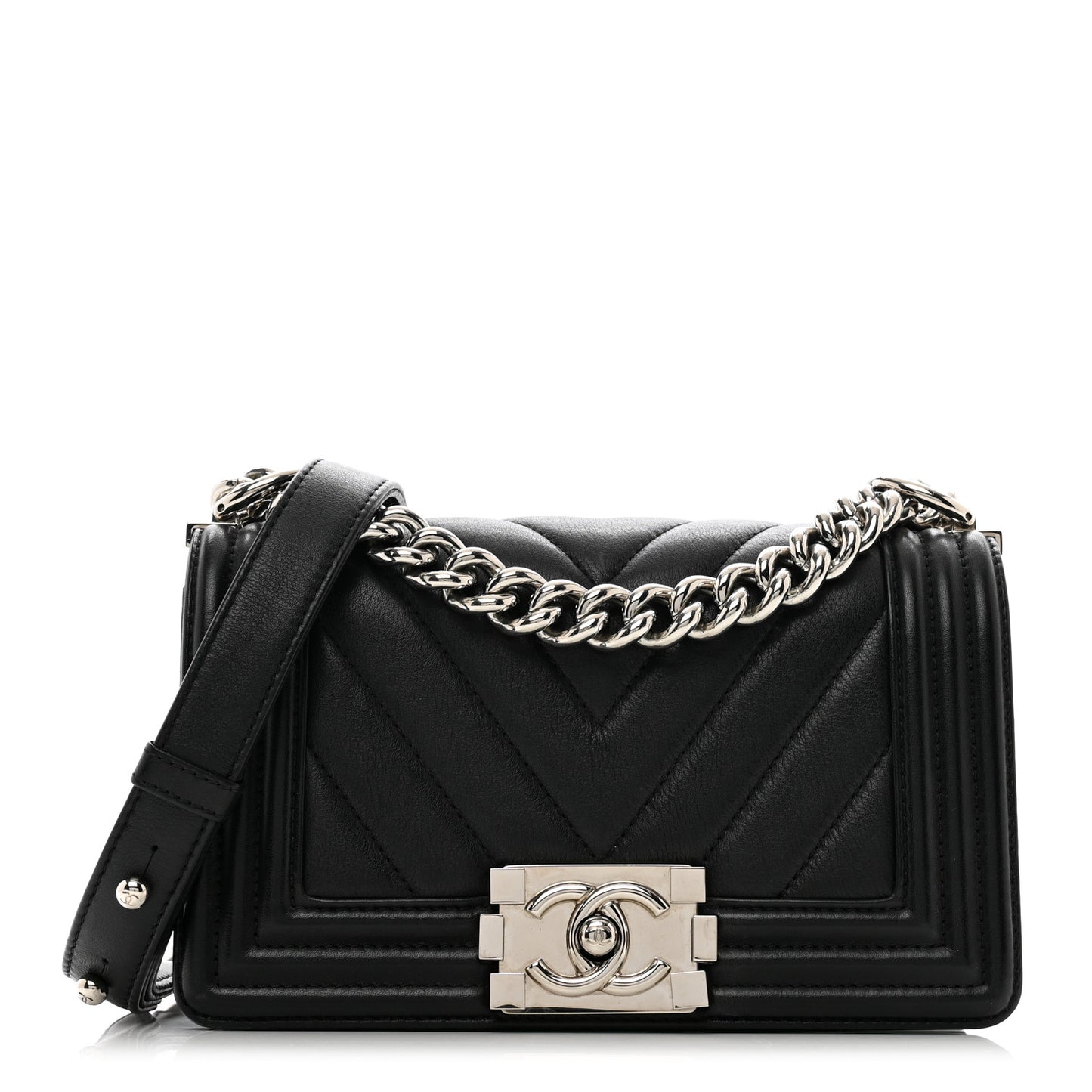 Calfskin Chevron Quilted Small Boy Flap Black