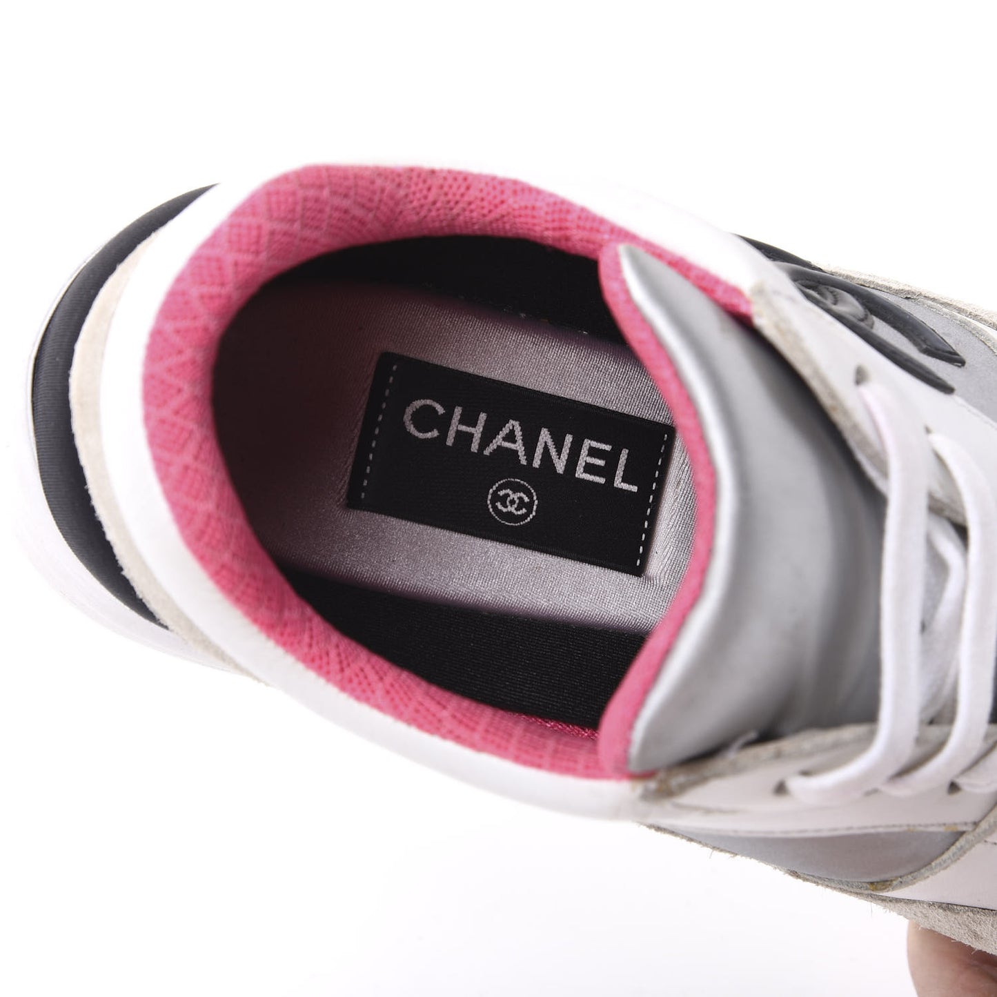 Suede Calfskin CC Sneakers 38 White Silver Fluo Pink