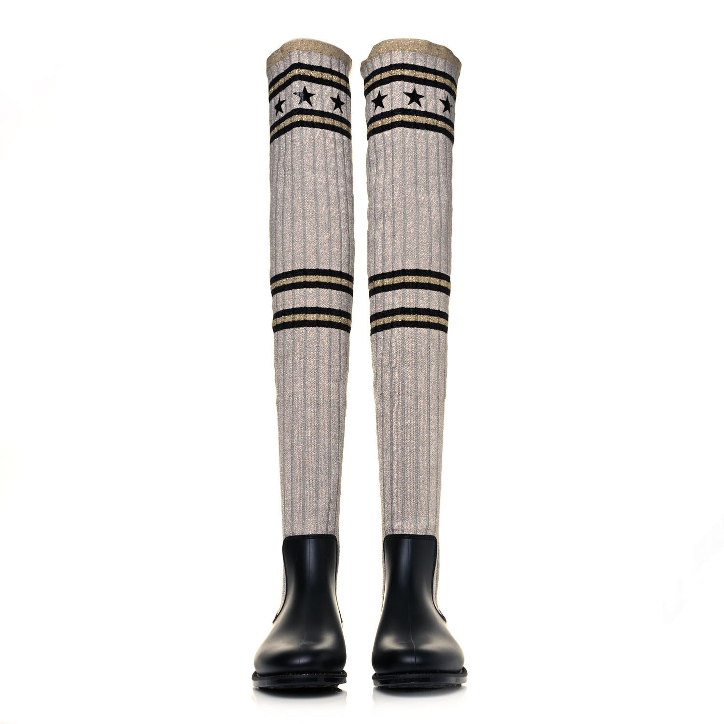Knit Rubber Storm Over The Knee Boots 35 Silver Gold