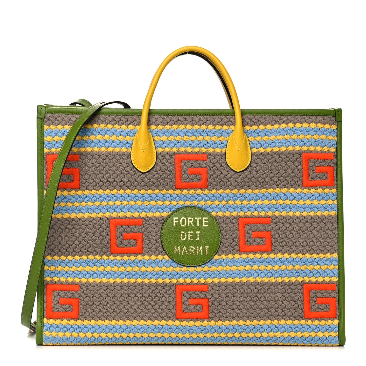 Fabric Embroidered Square G Forte Dei Marmi Striped Tote Bag Green Yellow