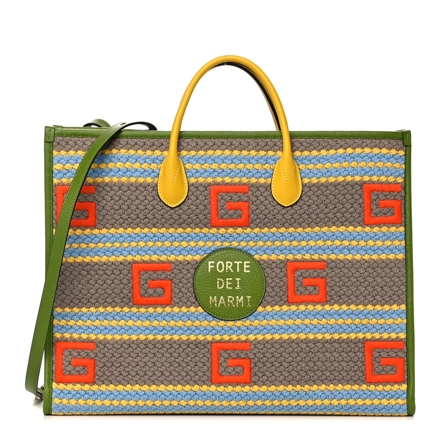 Gucci Fabric Embroidered Square G Forte Dei Marmi Striped Tote Bag Green Yellow 1 of 12