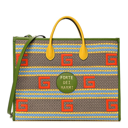 Gucci Fabric Embroidered Square G Forte Dei Marmi Striped Tote Bag Green Yellow 1 of 12