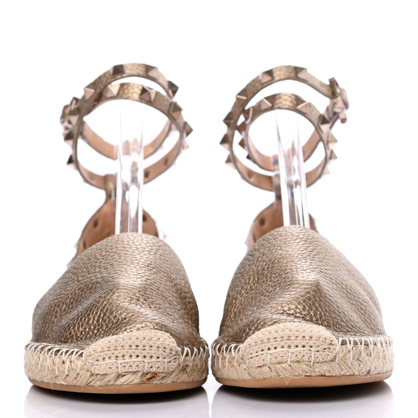 Metallic Grained Calfskin Rockstud Ankle Wrap Espadrille 20mm Flats 37 Skin Natural