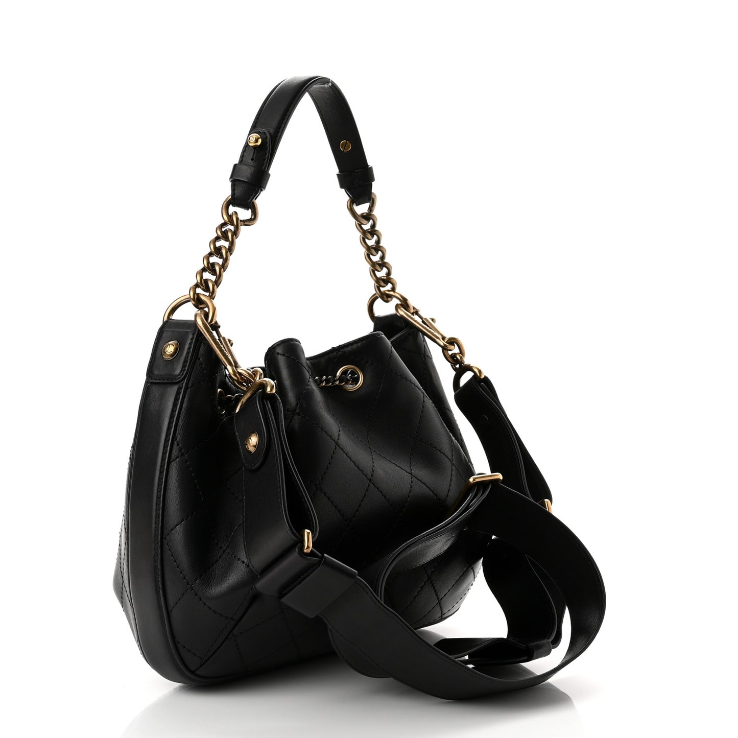 Calfskin Stitched Small Paris Rome Drawstring CC Bag Black