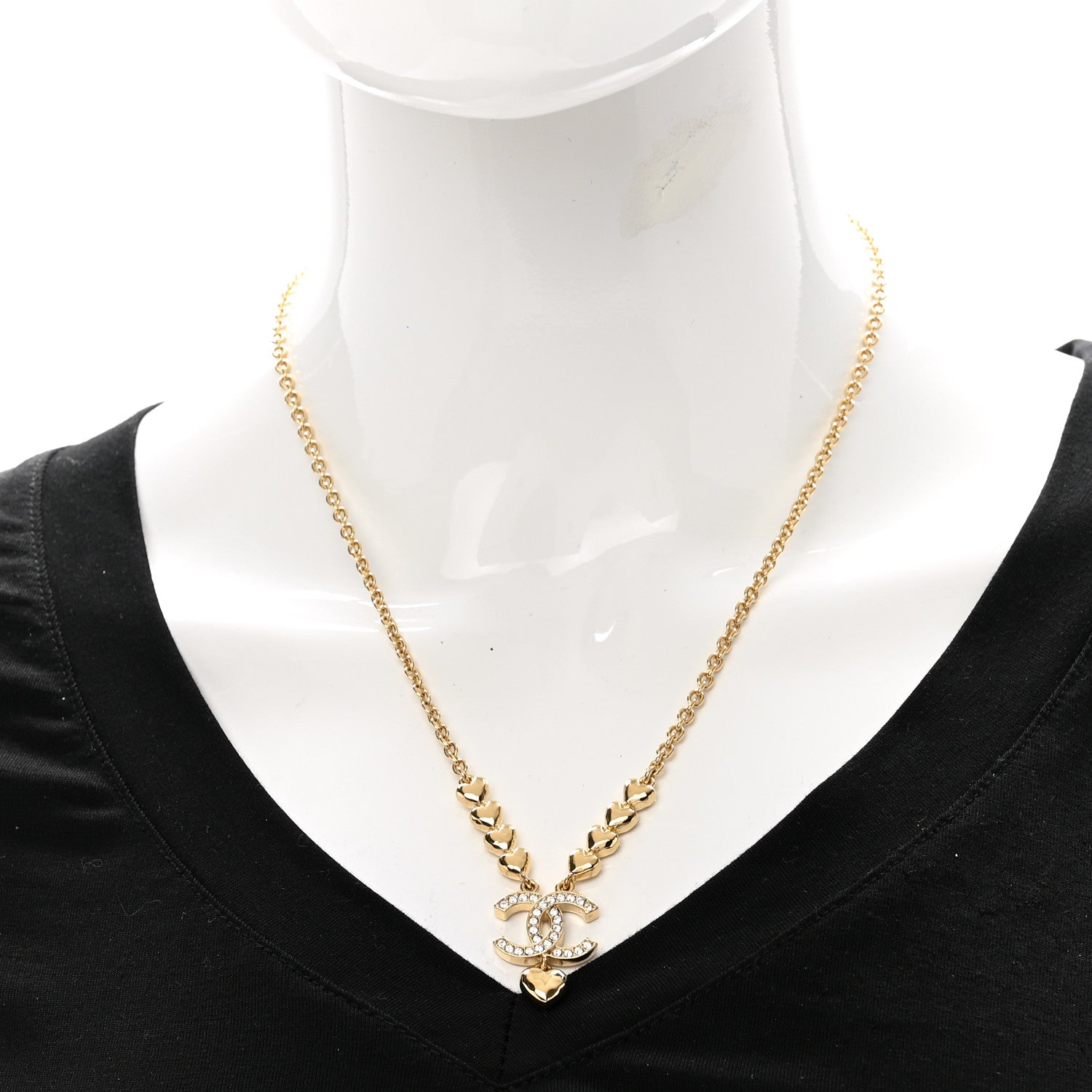 Chanel Crystal CC Heart Link Pendant Necklace Gold 2 of 7