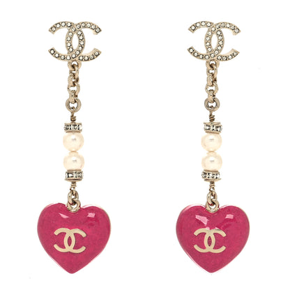 Chanel Resin Crystal Pearl Chain Heart CC Drop Earrings Pink White Gold 1 of 4