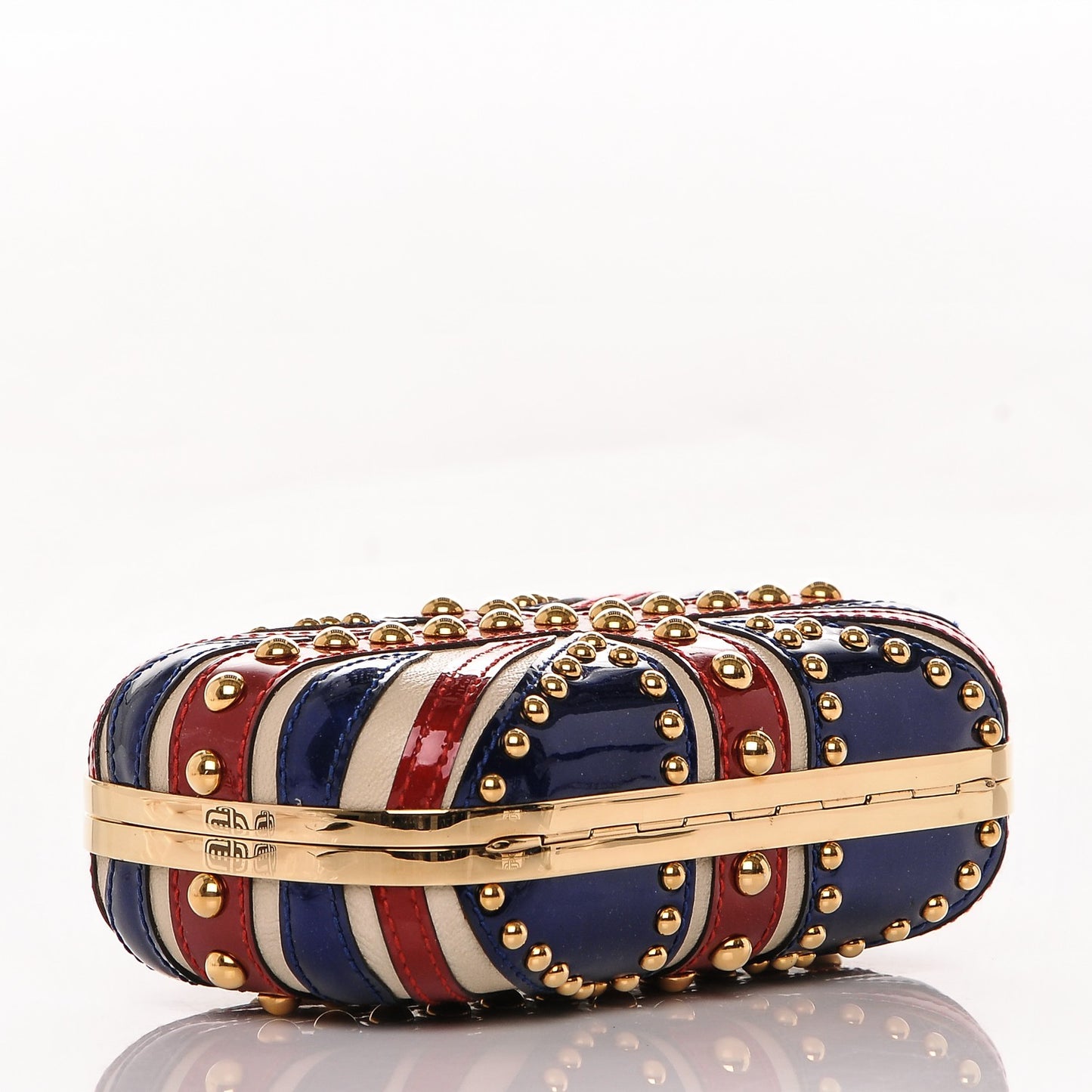 Patent Calfskin Studded Britannia Skull Box Clutch Red Blue