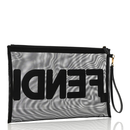 Fendi Mesh Vitello King Logo Embroidered Large Flat Pouch Black 3 of 7