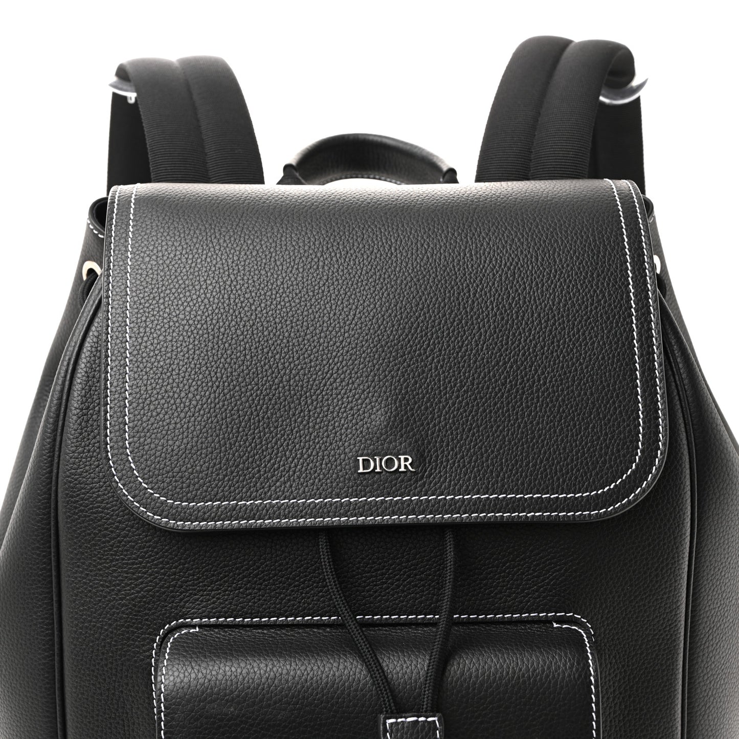 Grained Calfskin Saddle Drawstring Backpack Black