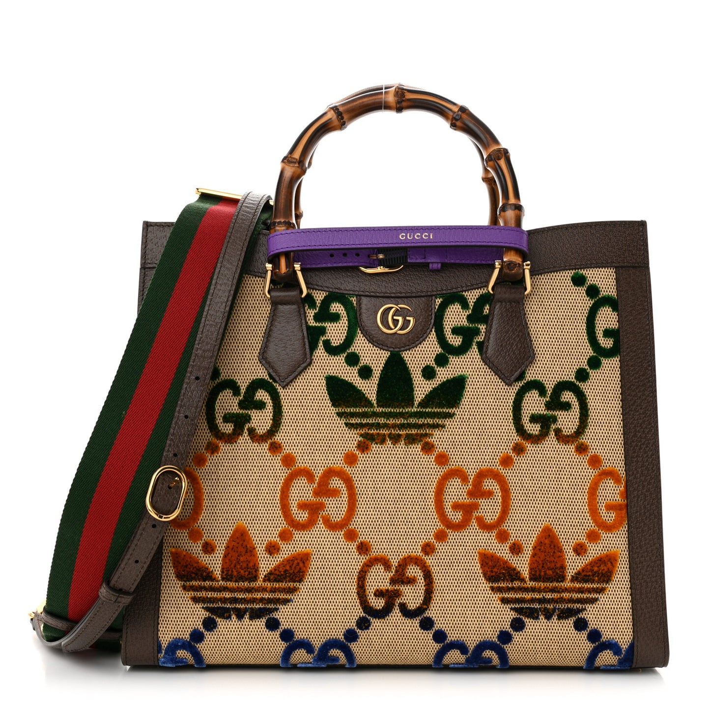 X ADIDAS Textured Dollar Calfskin Jumbo GG Textured Web Trefoil Logo Medium Diana Tote Bag Beige Brown Multicolor