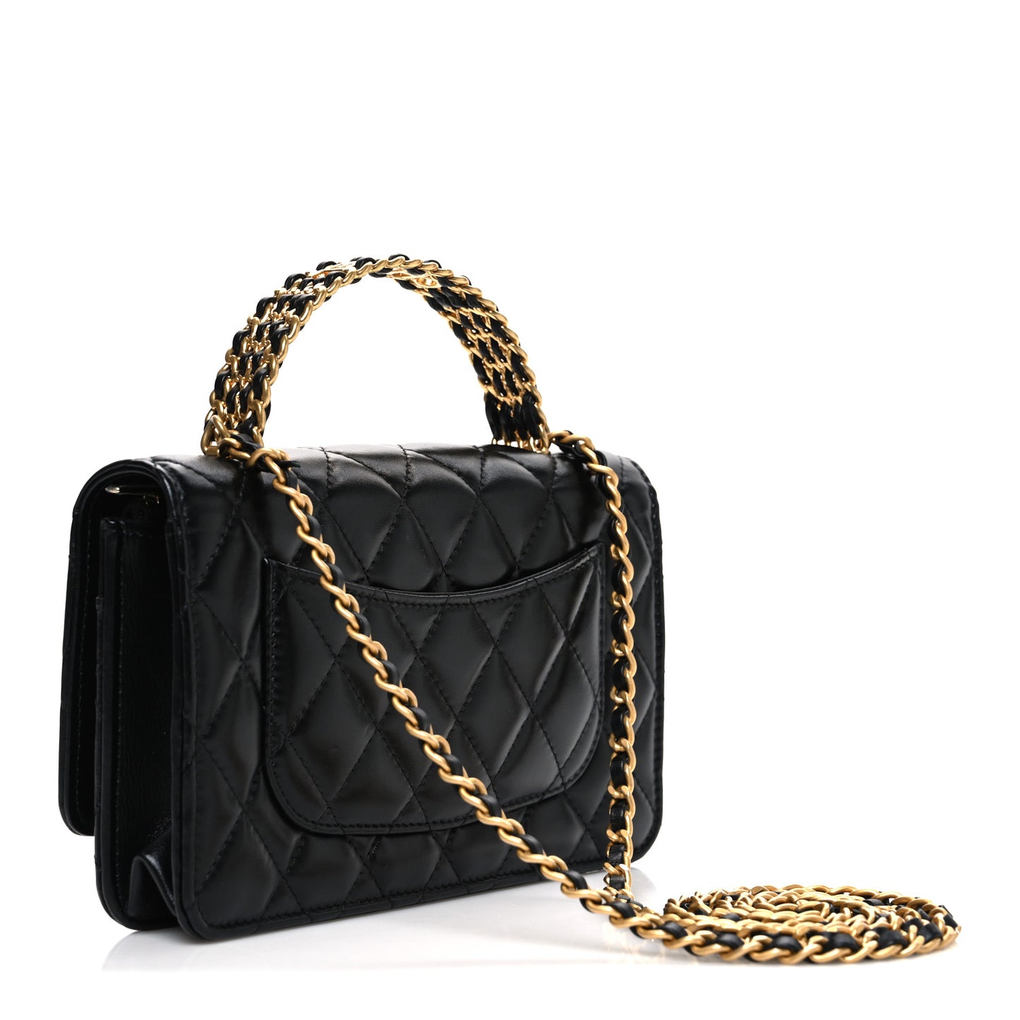 Shiny Calfskin Quilted Metal Top Handle Wallet On Chain WOC Black