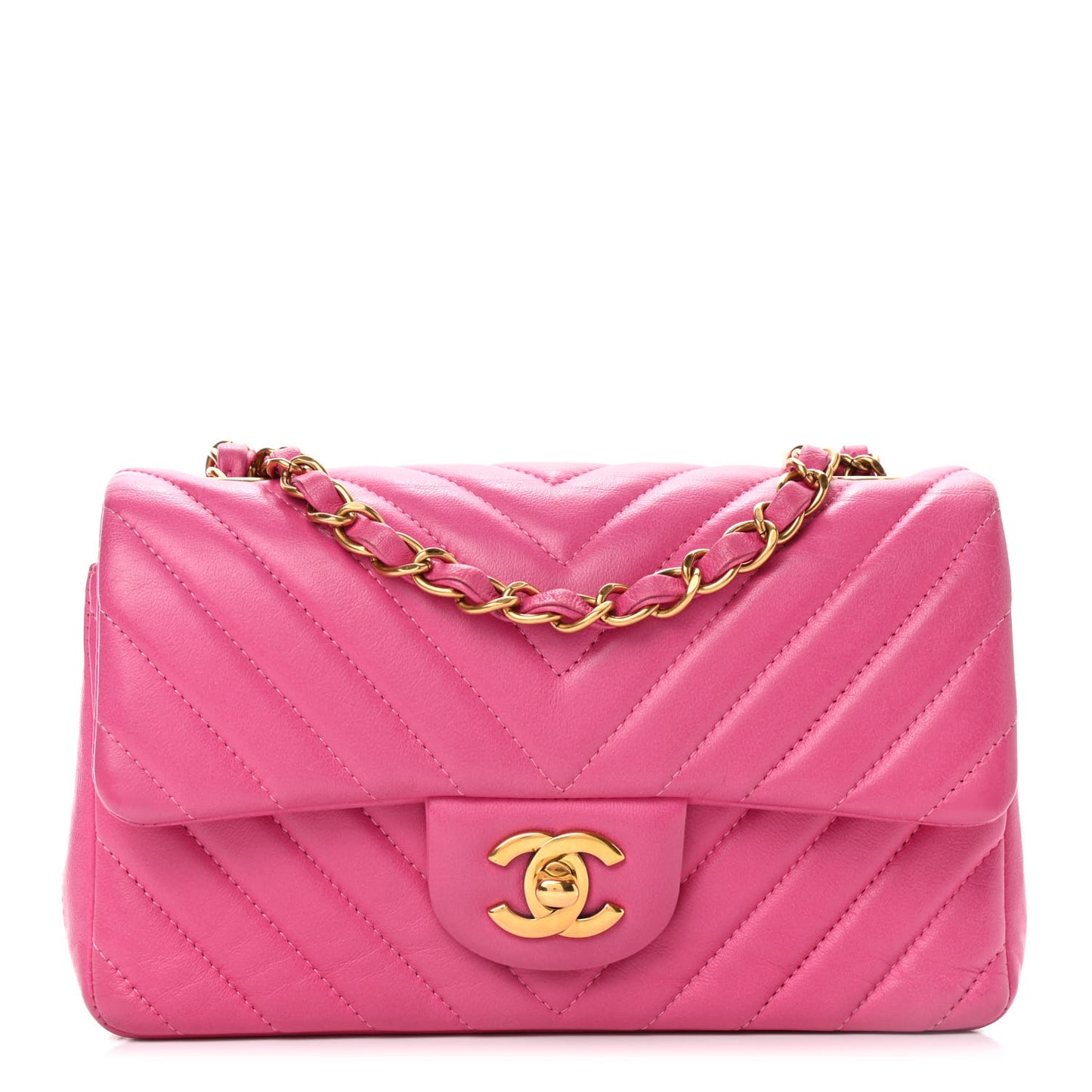 Lambskin Chevron Quilted Mini Rectangular Flap Dark Pink