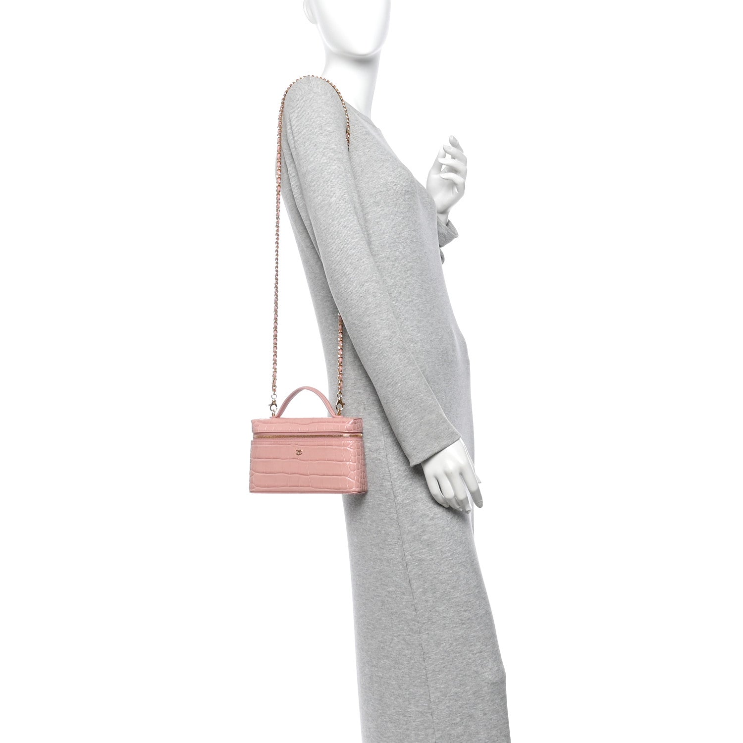 Chanel Calfskin Crocodile Embossed Crococo Top Handle Slim Vanity Case With Chain Pink 2 of 13