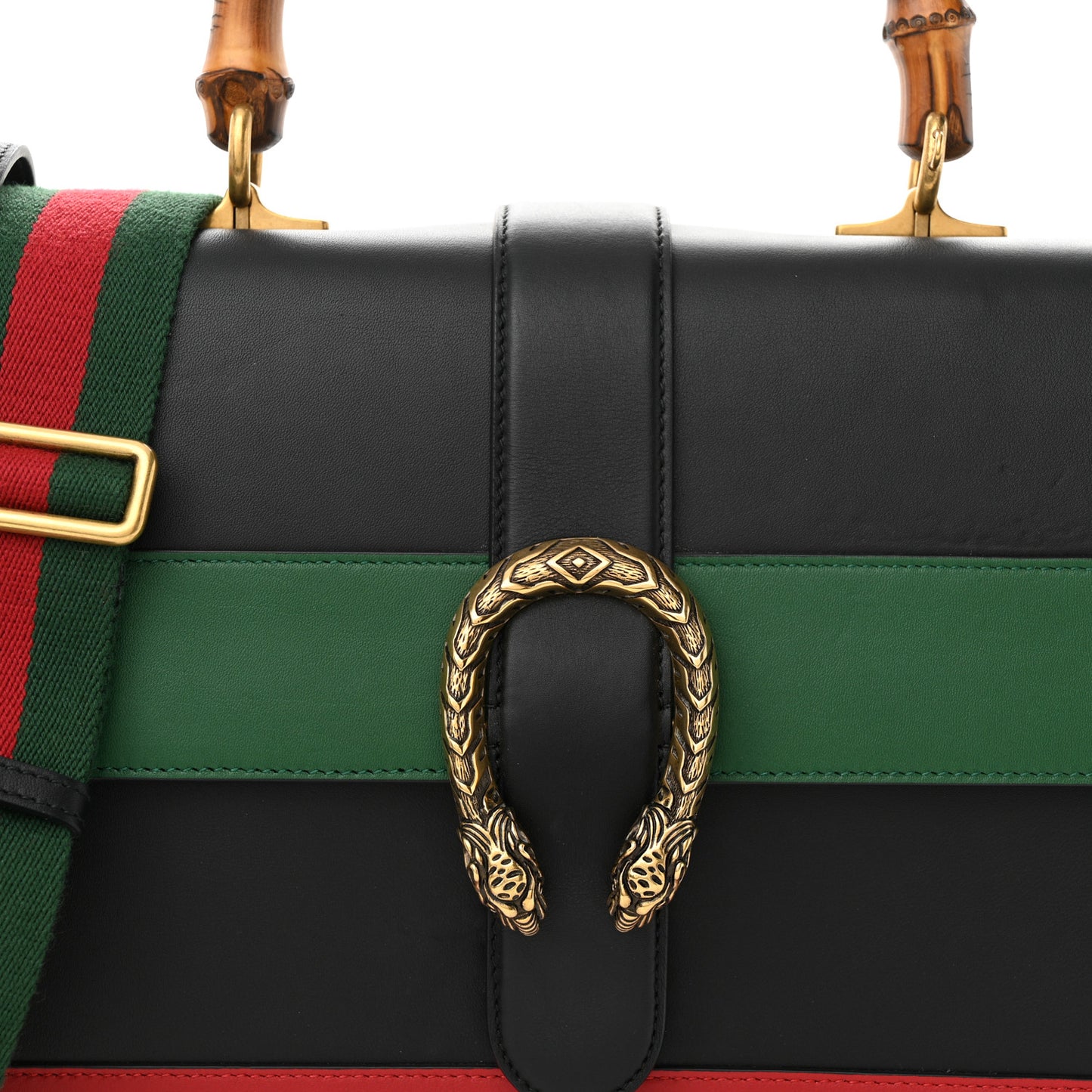 Calfskin Bamboo Web Large Dionysus Top Handle Bag Black Bright Evergreen Hibiscus Red
