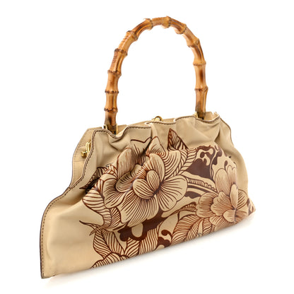Gucci Calfskin Floral Printed Bamboo Top Handle Frame Bag Beige Brown 3 of 12