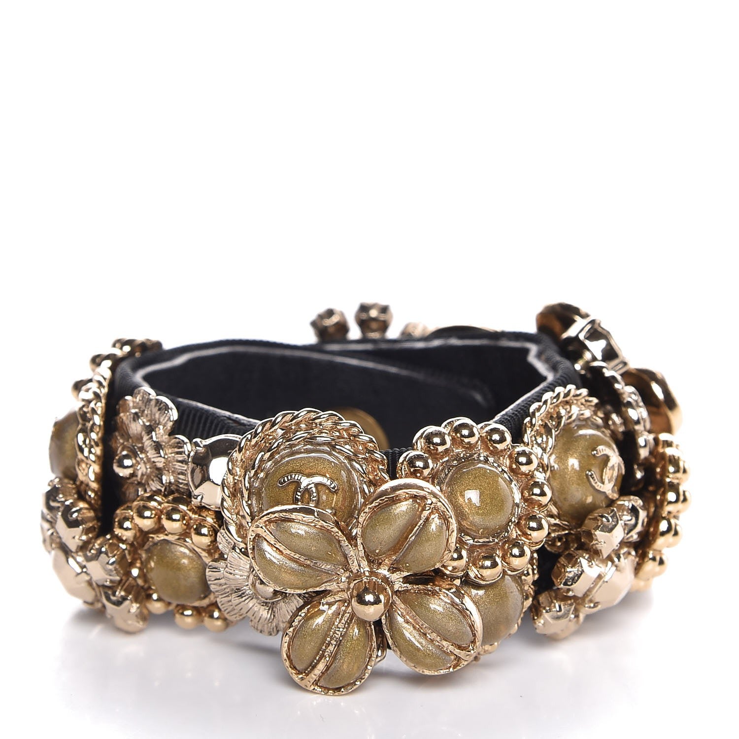 Chanel Gripoix Poured Glass Camellia Bracelet Gold 1 of 8