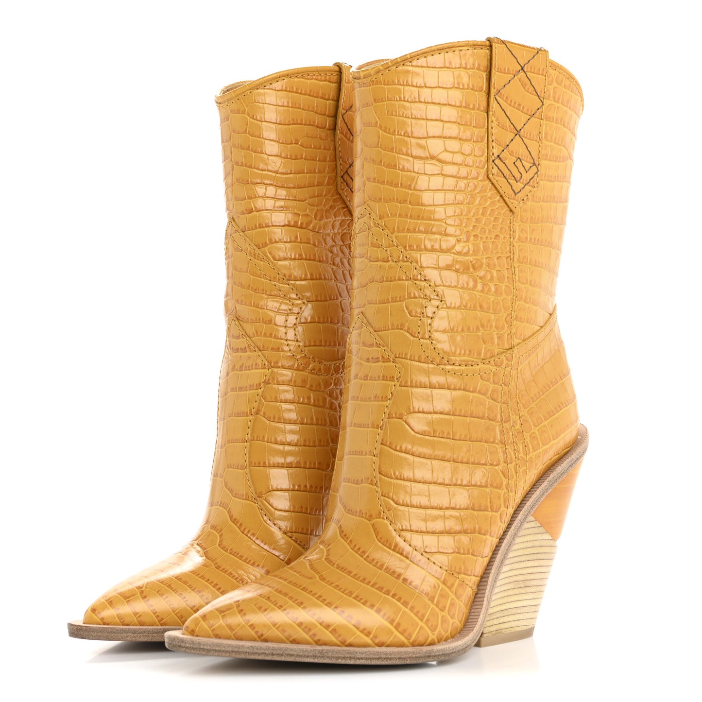 Calfskin Crocodile Embossed Cutwalk Ankle Boots 37 Yellow