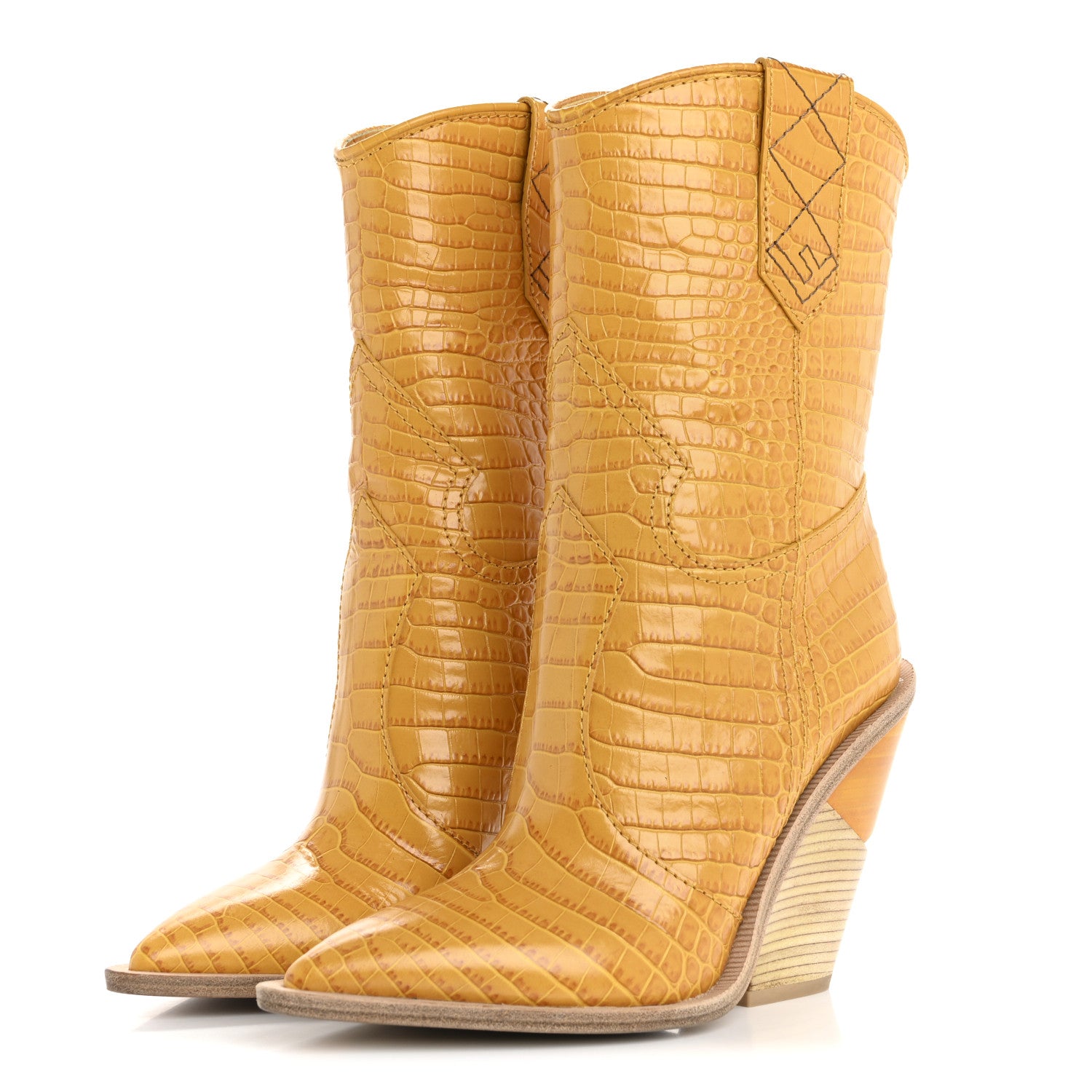 Fendi Calfskin Crocodile Embossed Cutwalk Ankle Boots 37 Yellow 3 of 9