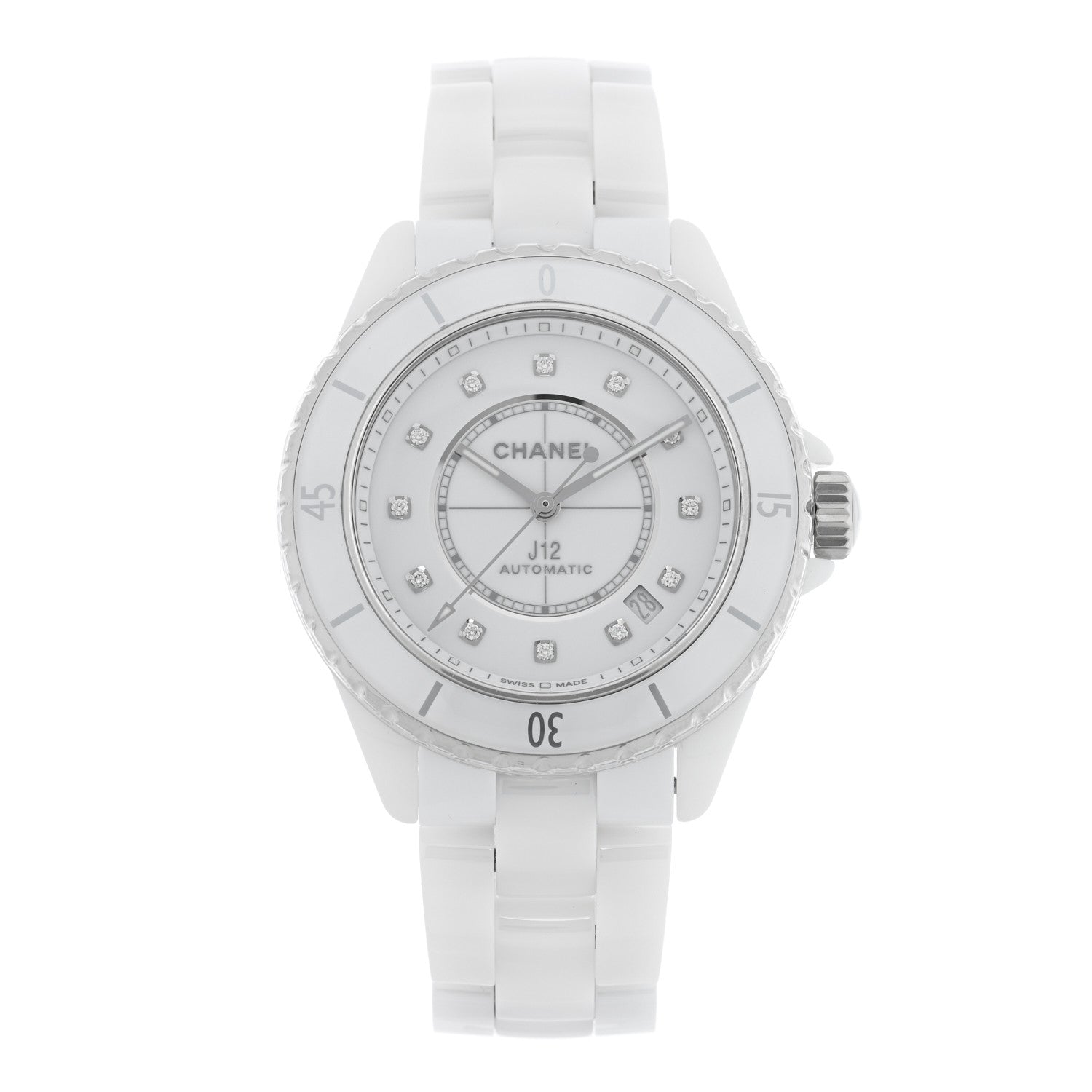 Chanel Stainless Steel Ceramic Diamond 38mm J12 Automatic Watch White 1 of 5