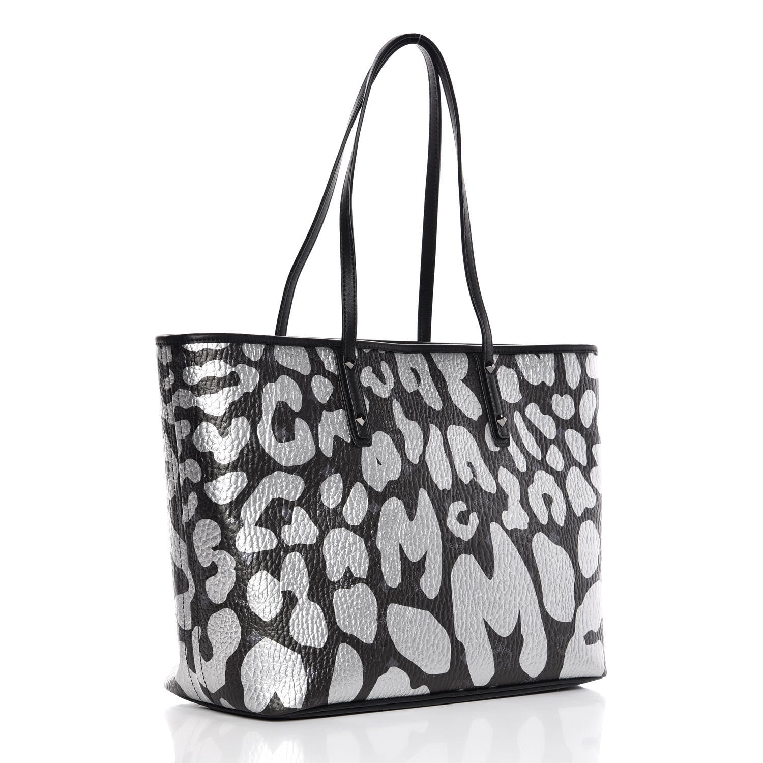 MCM Visetos Metallic Leopard Print Medium Anya Shopper Tote Black 4 of 8