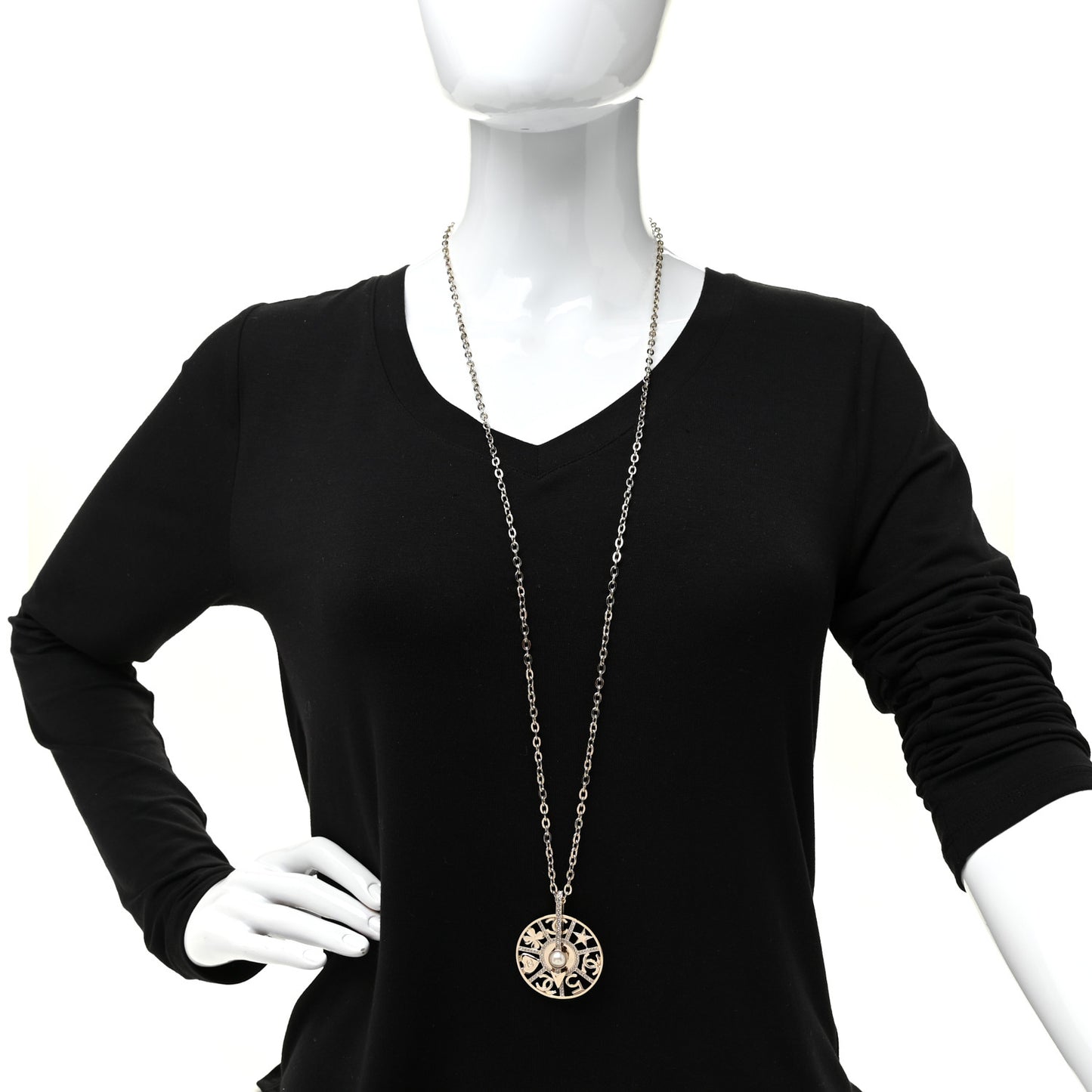 Crystal Pearl CC Long Pendant Necklace Gold