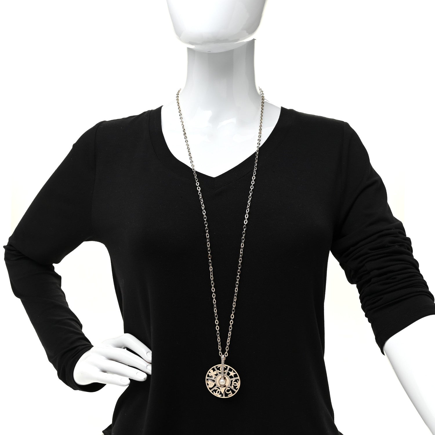 Chanel Crystal Pearl CC Long Pendant Necklace Gold 2 of 5