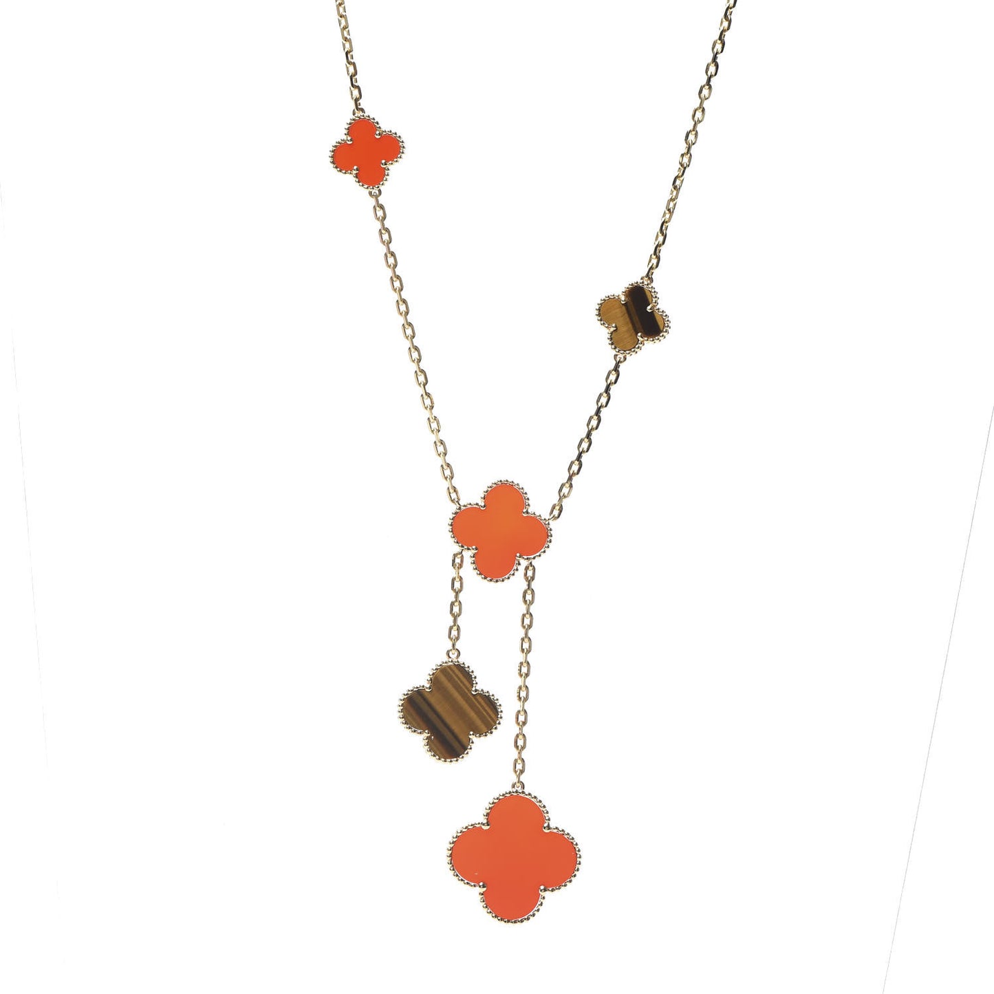 18K Yellow Gold Carnelian Tiger Eye 6 Motifs Magic Alhambra Necklace