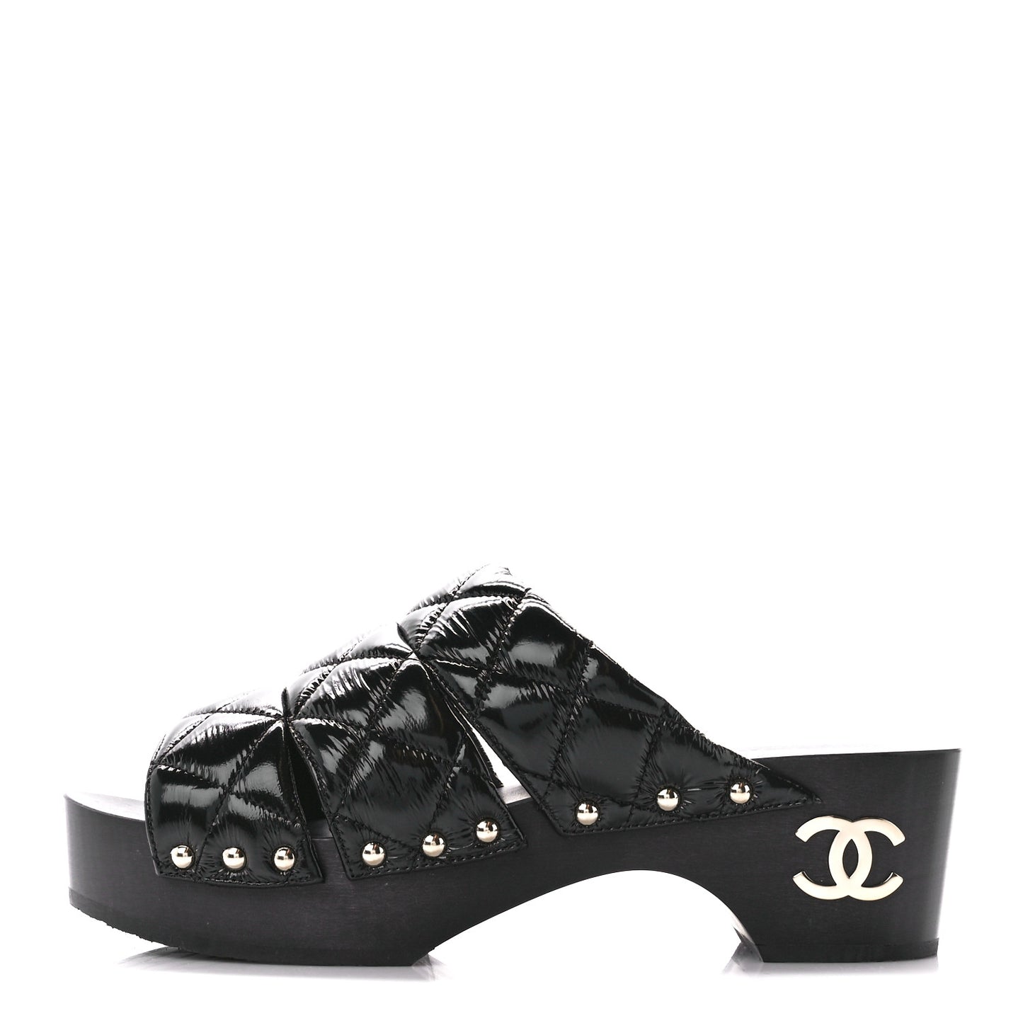 Patent Lambskin Quilted CC Clogs 38 Black