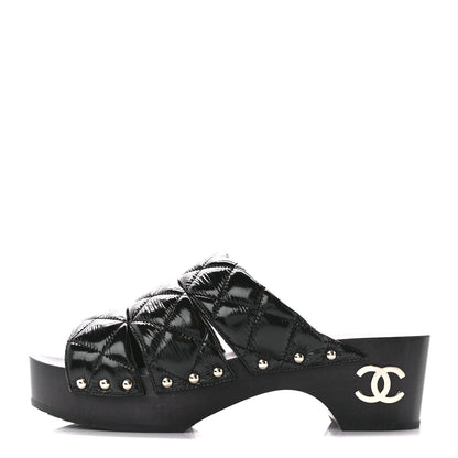 Chanel Patent Lambskin Quilted CC Clogs 38 Black 1 of 9