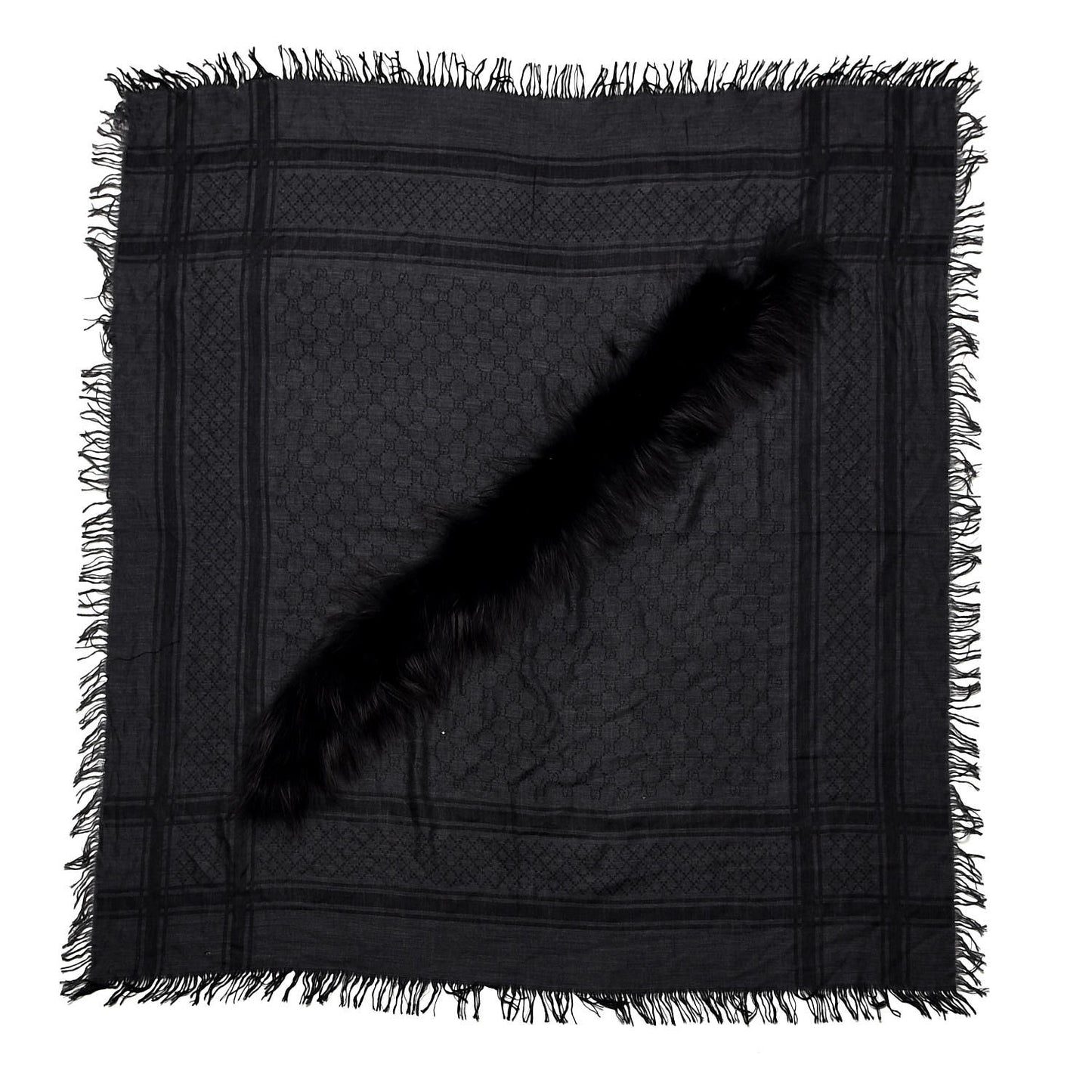 Wool Silk Fox Fur Monogram Shawl Scarf Black