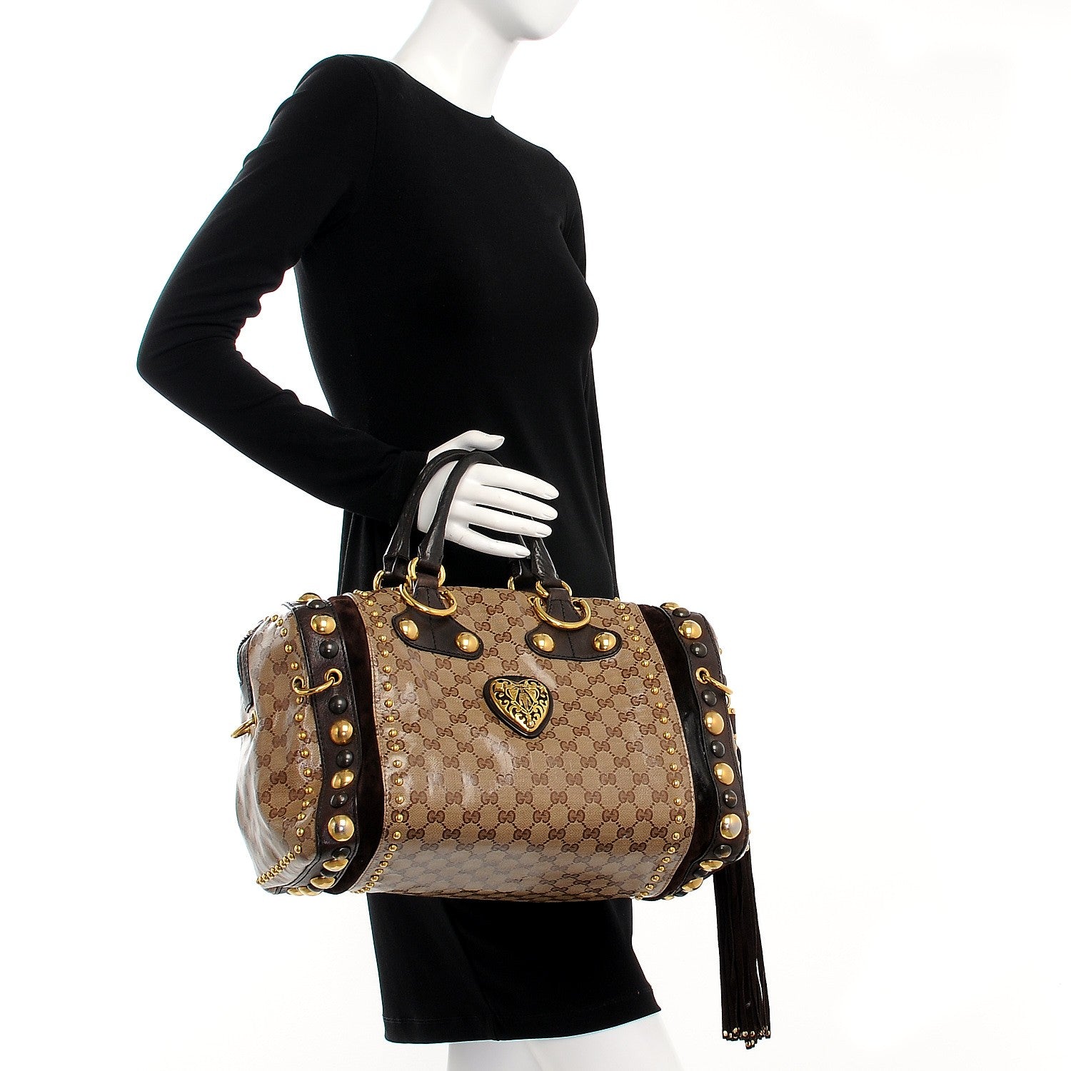 Gucci Crystal Monogram Studded Large Babouska Boston Dark Brown 2 of 7