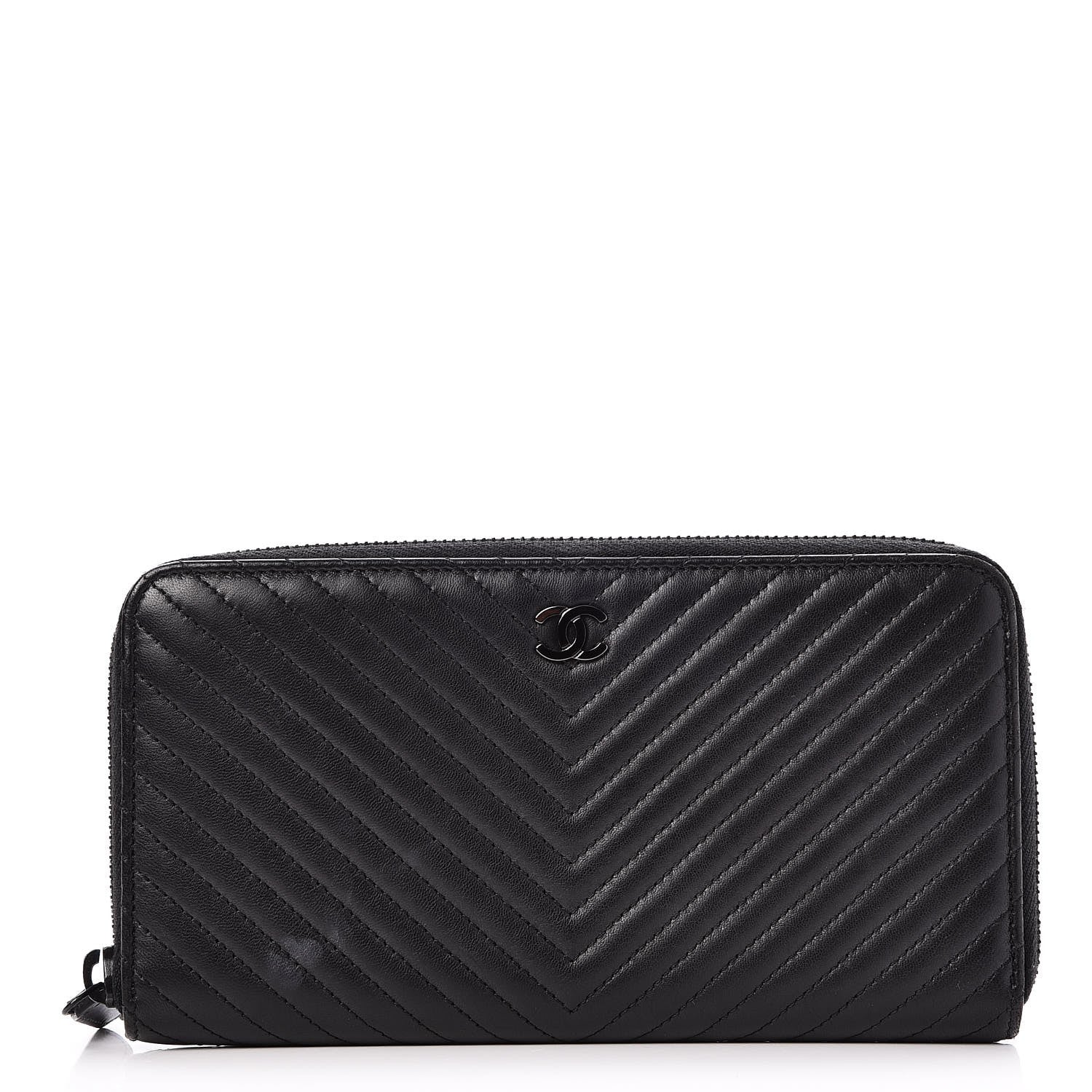 Chanel Lambskin Chevron Quilted Zip Around Wallet So Black 1 of 9