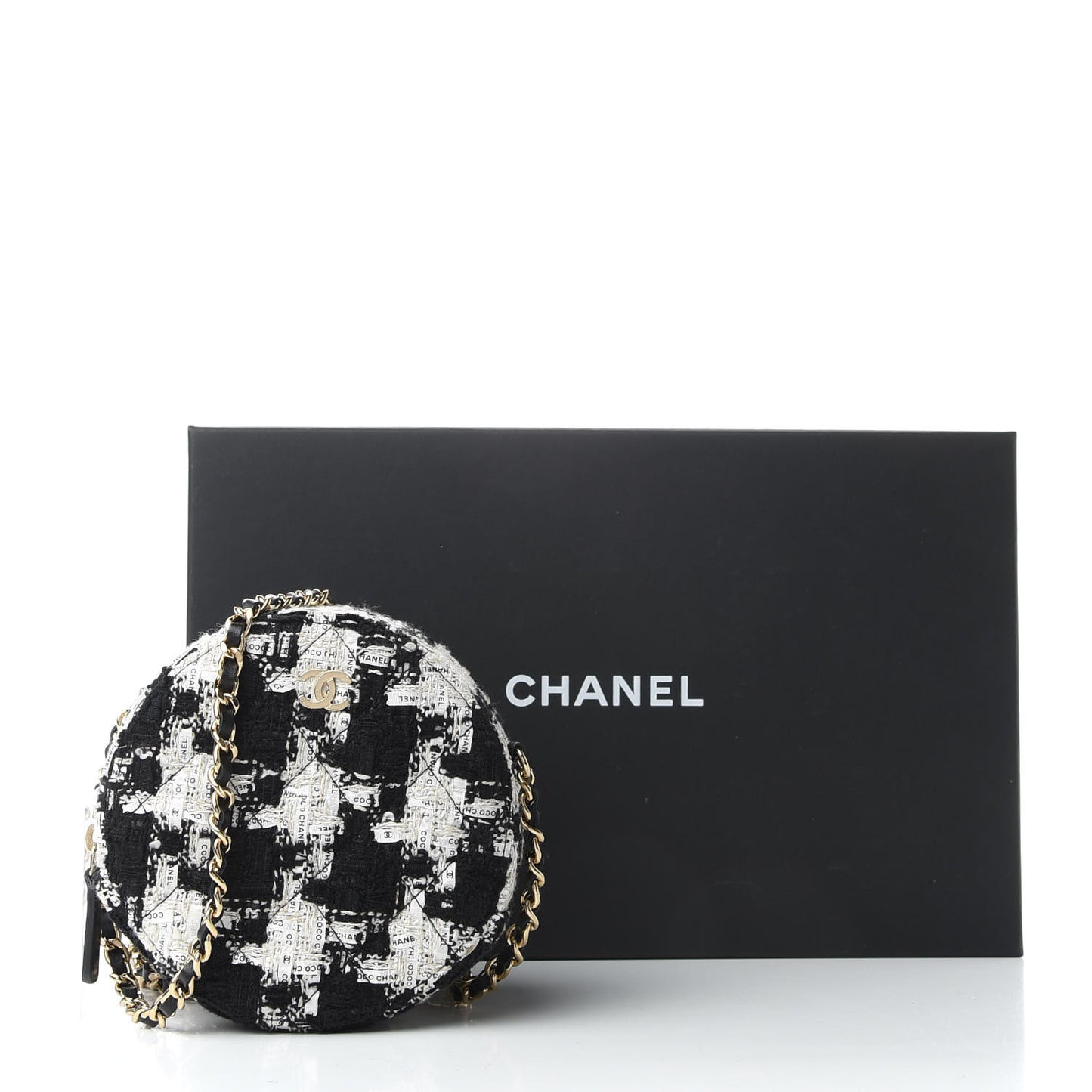 Tweed Round Clutch With Chain Black White