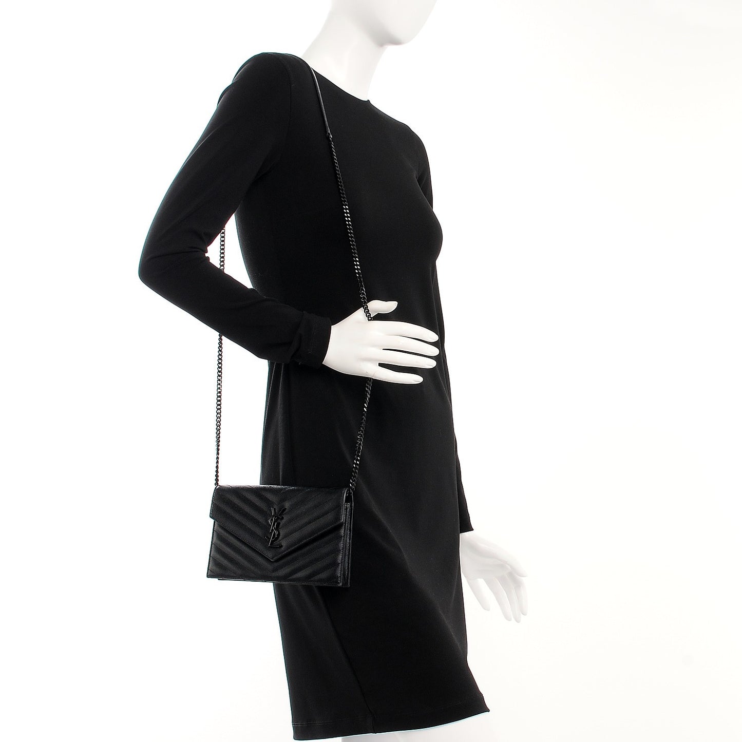 Grain De Poudre Matelasse Chevron Monogram Envelope Chain Wallet Black