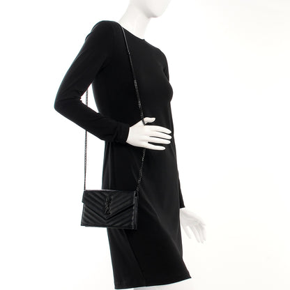 Saint Laurent Grain De Poudre Matelasse Chevron Monogram Envelope Chain Wallet Black 2 of 9