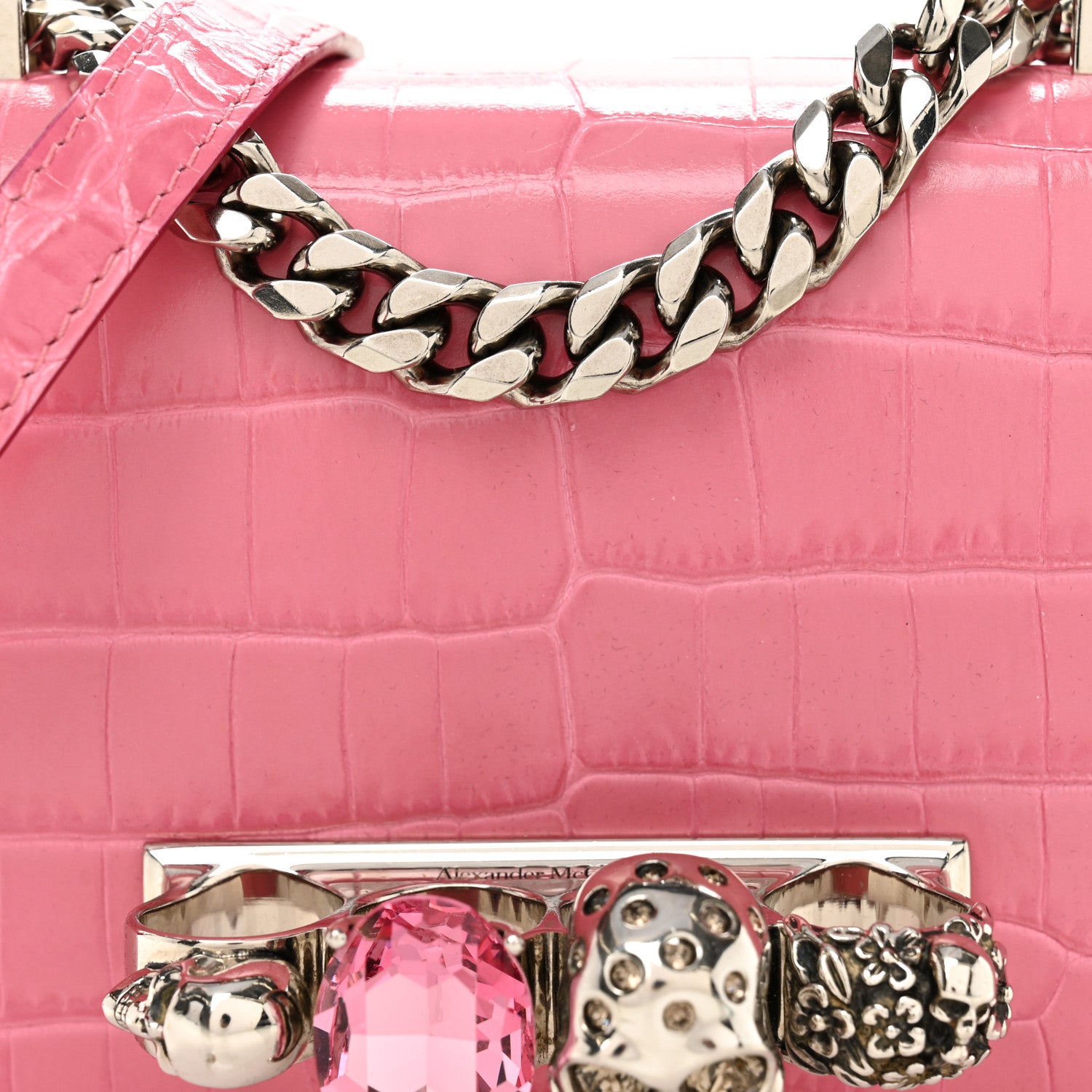 Alexander McQueen Calfskin Crocodile Embossed Mini Jeweled Knuckle Satchel Pink 9 of 14