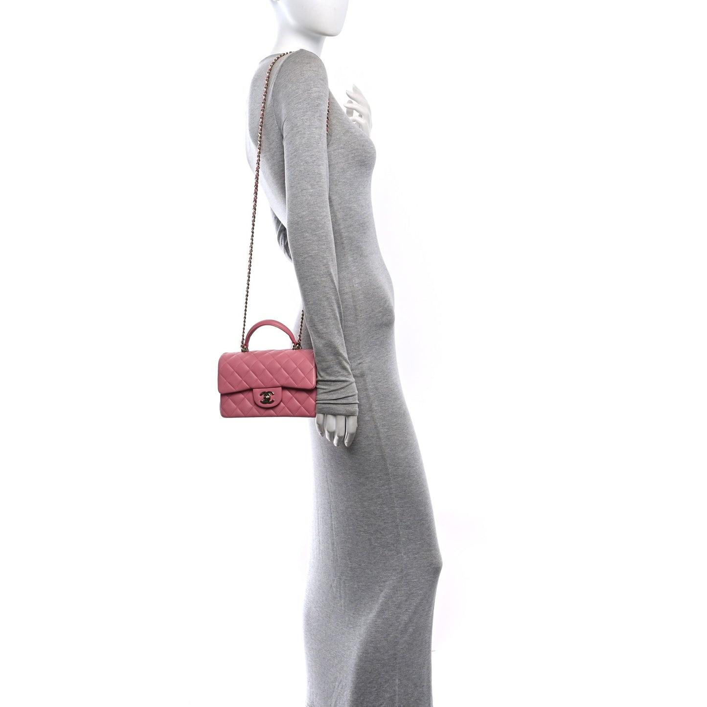 Lambskin Quilted Mini Top Handle Rectangular Flap Pink