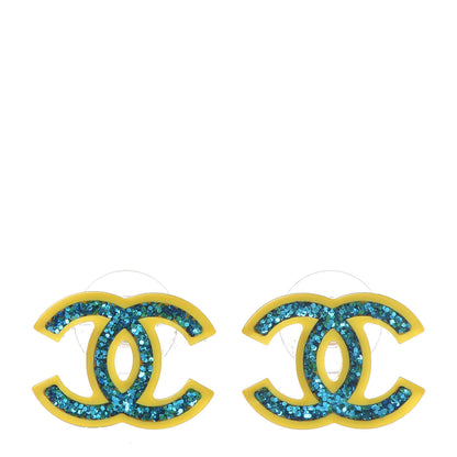 Chanel Glitter Resin CC Earrings Yellow Blue 1 of 5