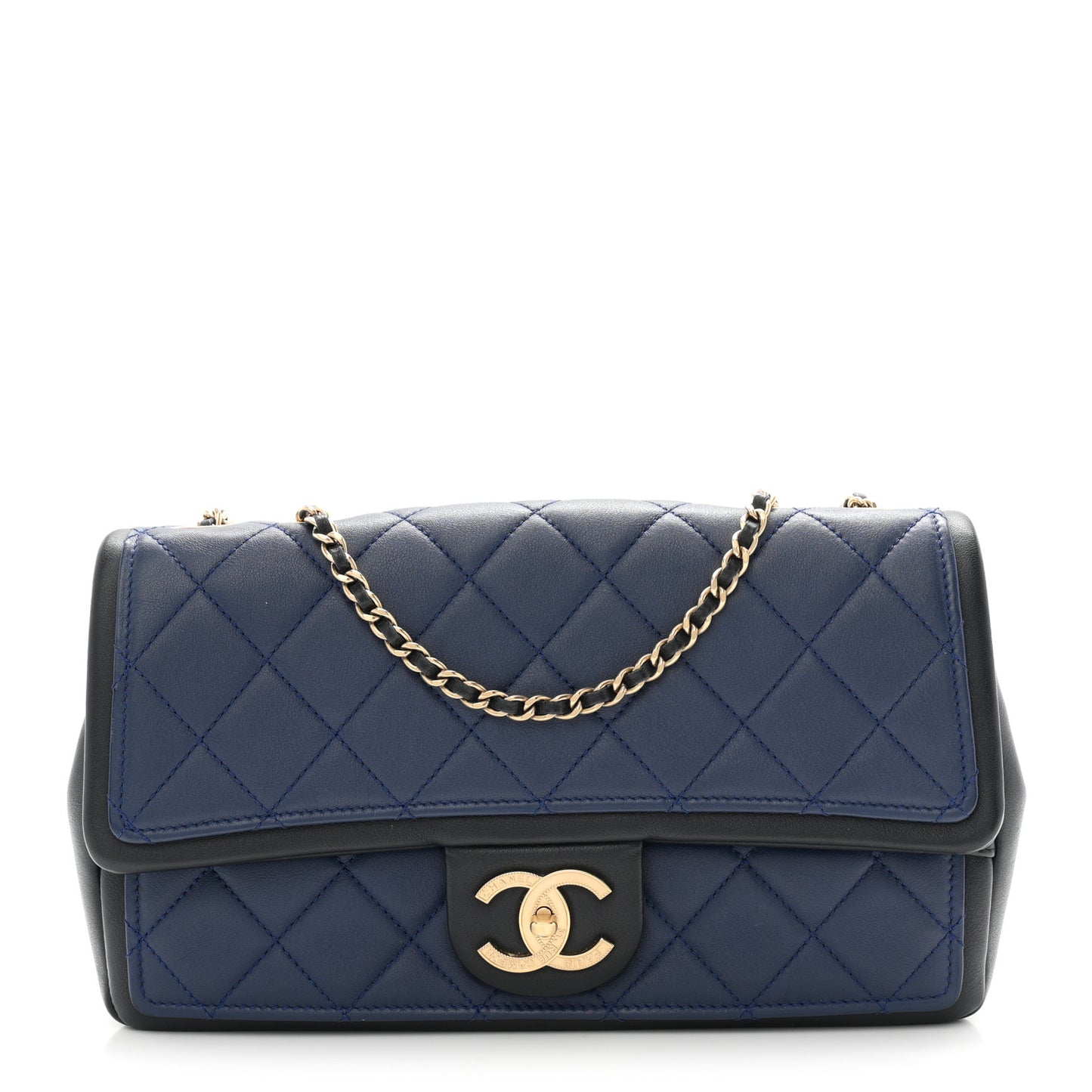 Lambskin Quilted Medium Graphic Flap Navy Black