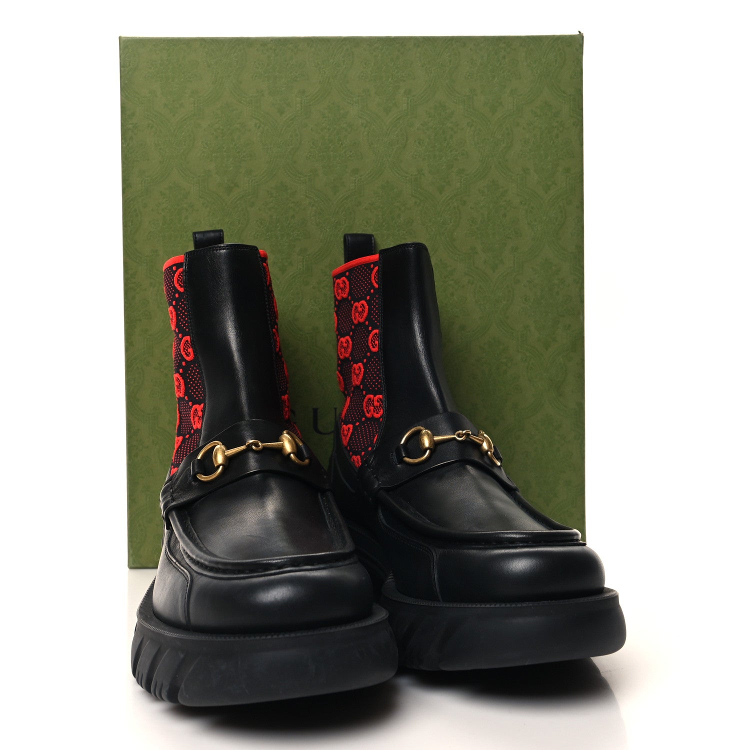 Gucci Quebec Calfskin Technical Jersey Knit GG Monogram Mens Horsebit Ankle Boots 10 Black Light Hibiscus Red 8 of 8